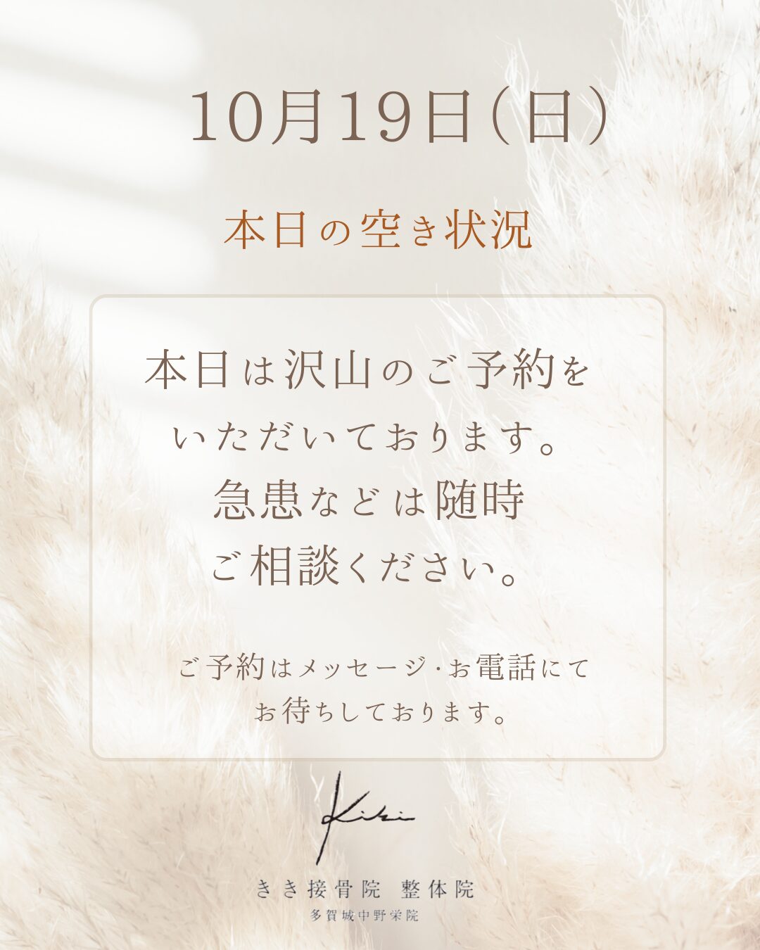 10/20（日）空き状況　水素吸入・EMS・ファイテン光はきき接骨院整体院